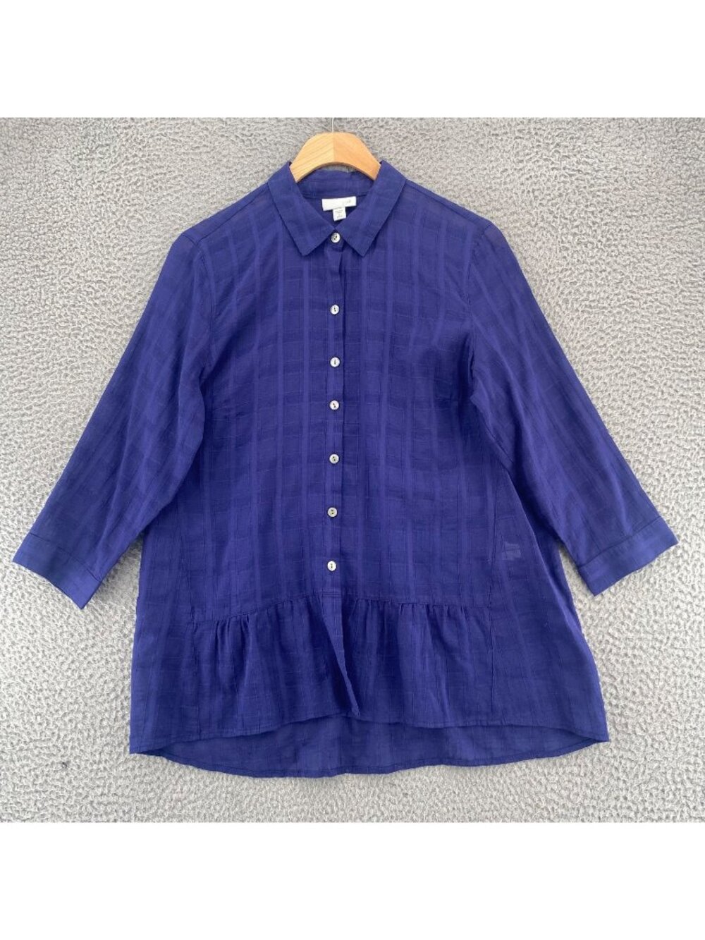 J Jill Shirt Womens Small Petite Indigo Cotton Tonal Plaid Button Up 3/4 Sleeve